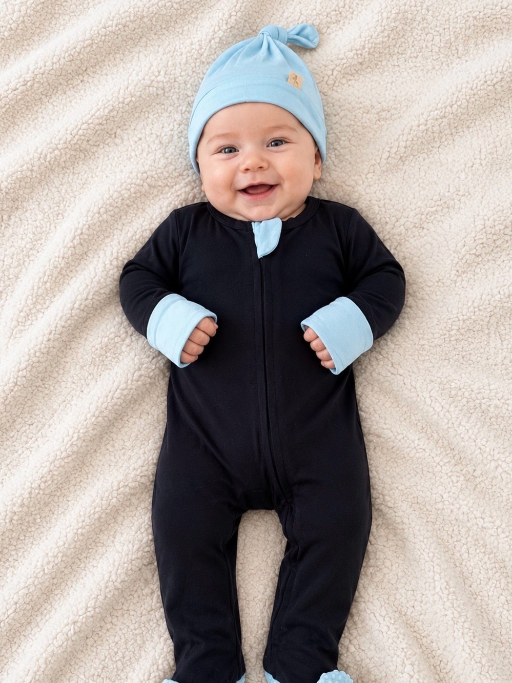 Mamba Bamboo Baby Black Footed One-Piece with Light Blue Trim and Hat - New - Picture 1 of 7